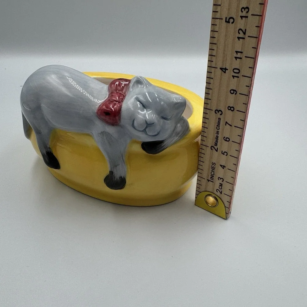 Ceramic Sleeping Gray Cat Planter Trinket Dish Yellow Bowl Red Bow Kitty Decor